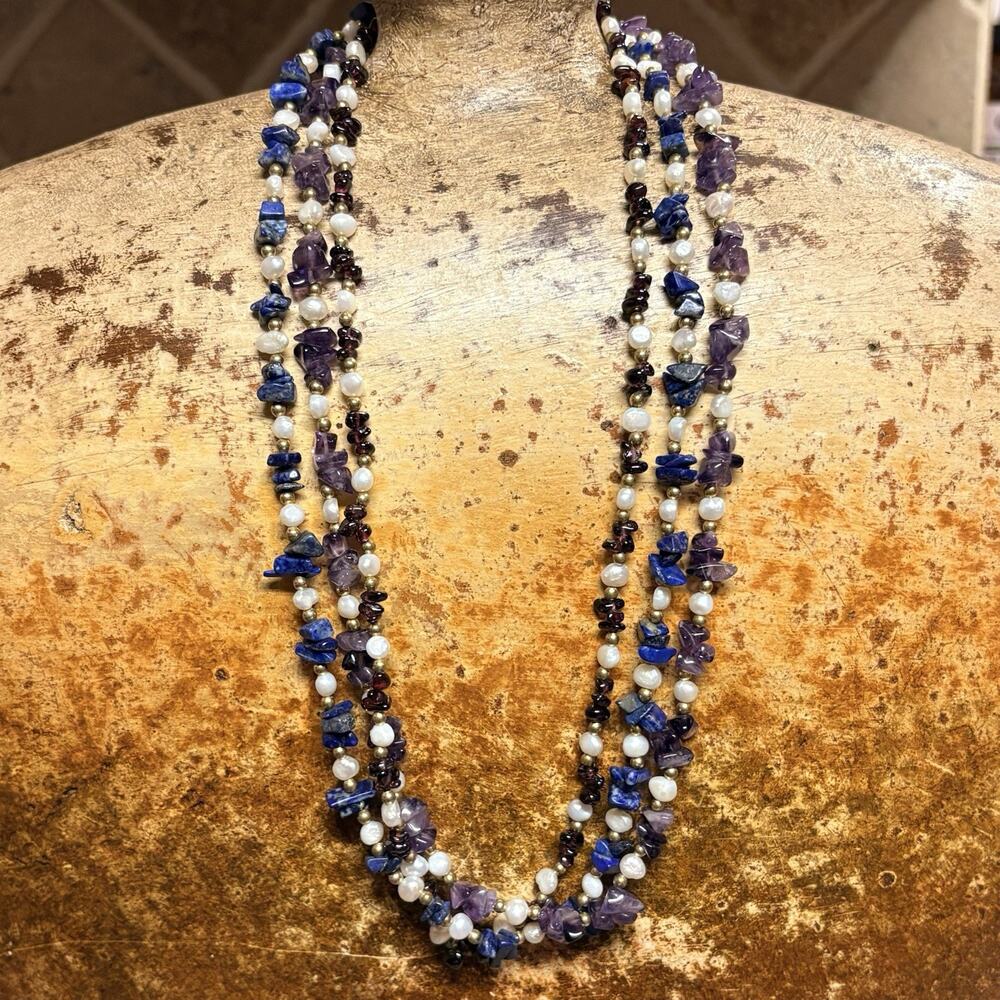 Three Strand Necklace Amethyst, Lapis, Garnet & Pearls w/ Gold Spacers Vintage